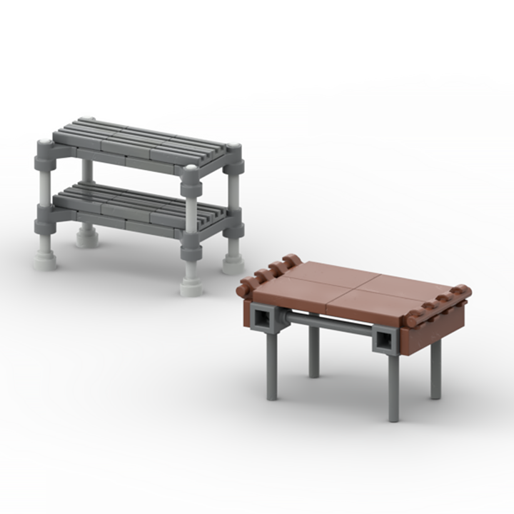 Two small brick building models: a gray, two-tiered shelf with cylindrical legs, and a brown rectangular shelf with gray legs and decorative brown studs along the edges, both on a white background.