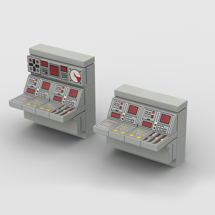 Two brick build control panels made of grey bricks feature detailed printed designs with screens, buttons, dials, and switches, resembling retro computer or command center consoles, placed on a plain white background.