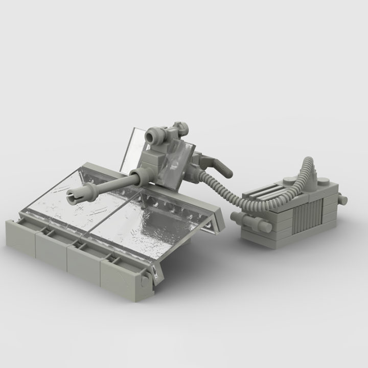 A little bricks build model of a sci-fi turret with a transparent angled shield, a mounted gun, and a connected control box via a flexible hose, all in light gray pieces on a plain background.